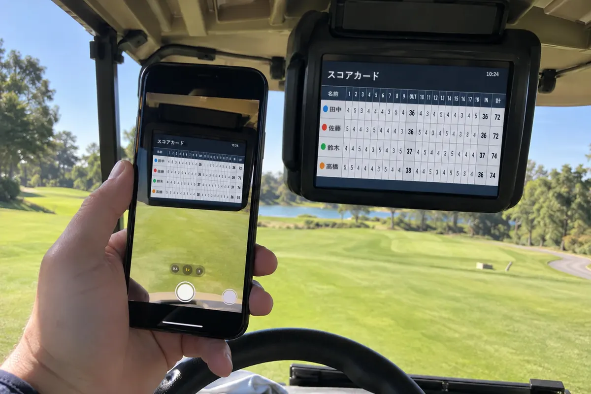 カートのモニターに映ったスコア表を、スマホで撮影している様子